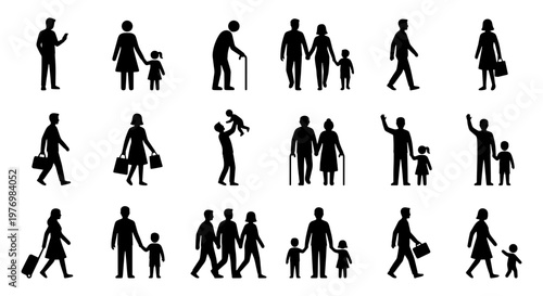 People silhouette icons, walking family figures, 18 human vector set