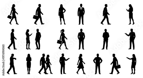 Business people silhouettes, walking professional figures, 20 vector icons