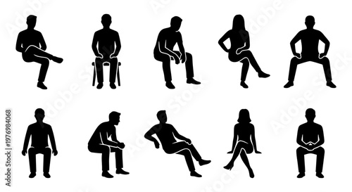 Slika na platnu Sitting people silhouettes, 10 seated human figures, black vector set