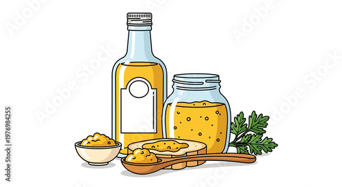 Cartoon illustration of honey bottle and jar with food  healthy eating concept
