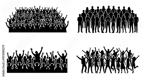 Crowd silhouette set, cheering people vector, concert audience silhouettes