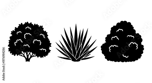 Black bush silhouettes, garden shrub icons, 3 plant vector elements