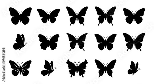 Butterfly silhouette collection, 15 black insect icons, vector set