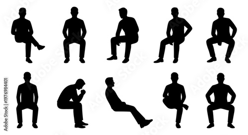 Sitting men silhouettes, 10 male figures set, seated person vector icons