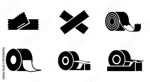 Adhesive tape icons set, black duct tape rolls, 6 vector office elements