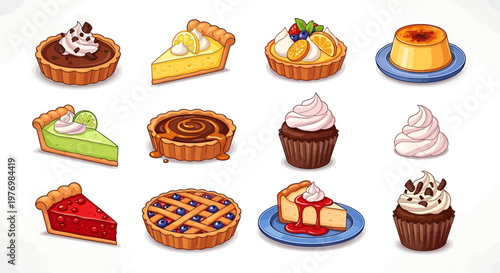 Variety of sweet desserts including pies cupcakes and creamy puddings on white background