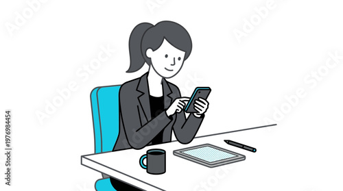 Businesswoman Sitting at Office Desk and Using Smartphone, Modern Workplace Illustration