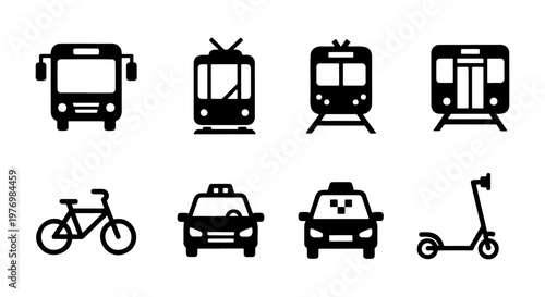 Public transport icons, city vehicle vector set, 8 black transit symbols