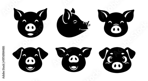 Pig head silhouette icons, 6 cute pig face vector set, black swine logos