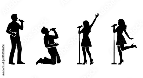 Singer silhouette vector set, karaoke performers, music concert icons