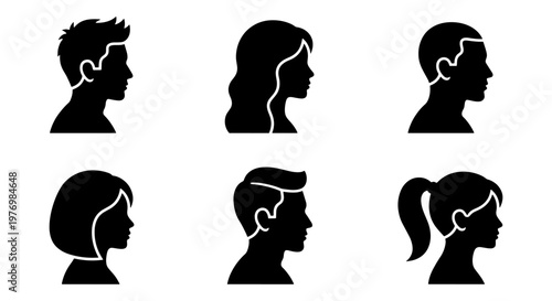 Profile avatar silhouette icons, 6 people head vector set, user portraits