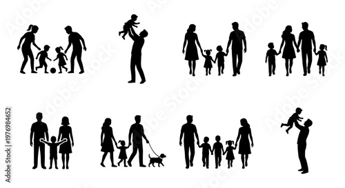 Family silhouette set, parents and children icons, 8 vector elements