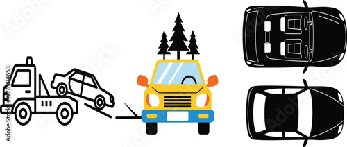 Car Towing Service Illustration Set with Tow Truck Front View and Top View Vehicles for Roadside Assistance and Transportation Design