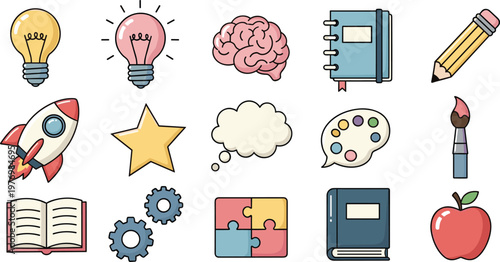 Creative Learning and Innovation Icon Set with Lightbulbs, Brain, Books, Pencils, Rocket, Star, and Puzzle for Education and Development Designs