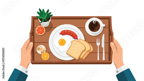 Pair of hands in a blue suit holds a wooden breakfast tray with a fried egg, sausage, toast, coffee, and fresh fruit slices.