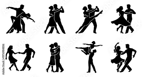Ballroom dancing silhouettes, 8 couple dance icons, tango and salsa vectors