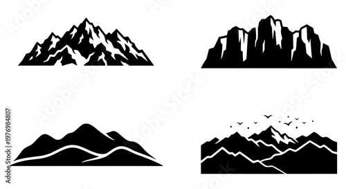 Mountain range silhouette set, 4 black peak icons, outdoor nature vector