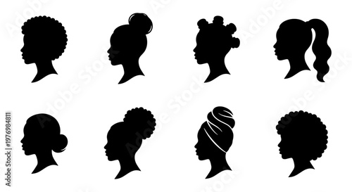 Black woman silhouette head profiles, 8 African hair style vector icons