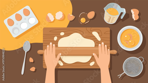 Overhead view of hands using a rolling pin on flour dough with eggs, milk, and baking tools scattered on a brown kitchen table.