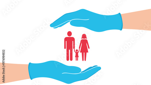 Two hands wearing protective blue medical gloves surround a red icon of a family to represent healthcare and life insurance services.