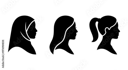 Diverse woman profile silhouette icons, female head avatars, vector set