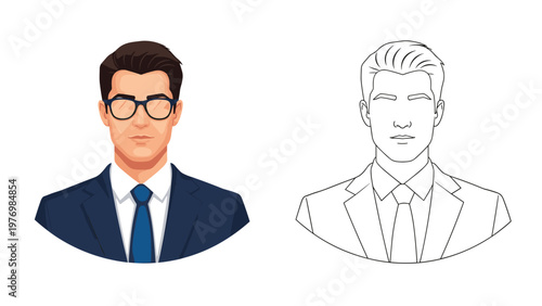 Professional businessman in a dark suit and glasses stands beside a line-art version of himself to represent digital identity.
