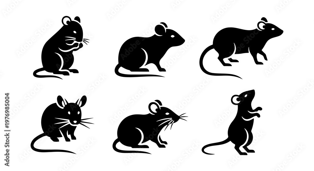 Obraz premium Black mouse silhouettes, 6 rodent icons, minimalist rat vector set