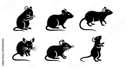 Black mouse silhouettes, 6 rodent icons, minimalist rat vector set