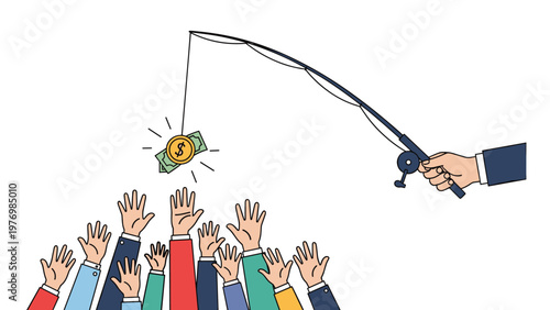 Hand using a fishing rod to bait a crowd of people with a dollar coin and money bills as a metaphor for greed.
