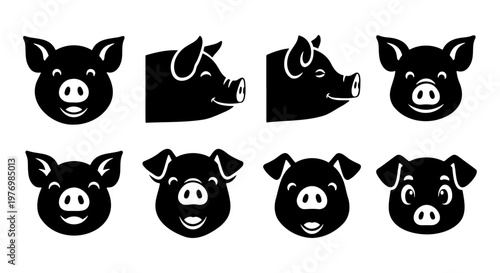 Pig head icon set, black swine face silhouettes, 8 farm animal vectors