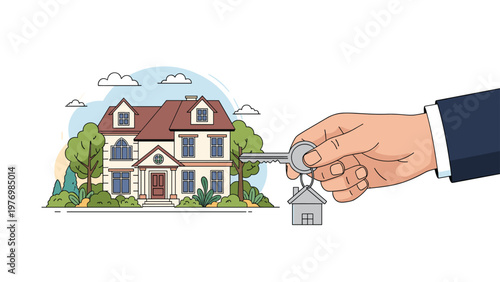 Large hand holding a silver key with house keychain in front of a beautiful suburban residential home building.