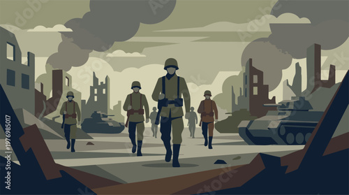 Stylized illustration of soldiers and tanks advancing through a war-torn city