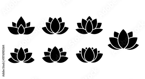 Minimalist lotus flower icons, 7 black floral vector silhouettes, yoga logo set