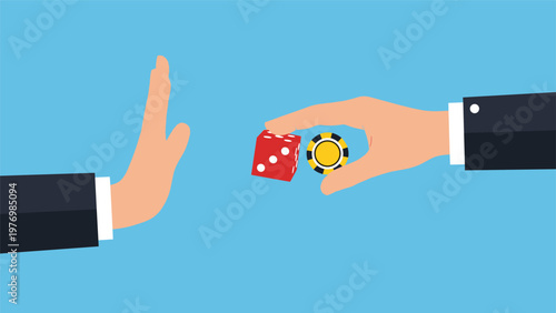 Businessman hand showing a stop gesture to refuse gambling with dice and betting chips offered by another person.