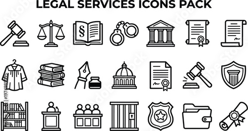 Collection of linear legal services icons featuring symbols like gavels, scales, books, handcuffs, and various court documents