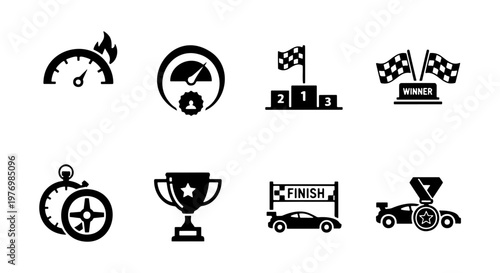 Racing car icons set, speed competition symbols, 8 vector sport elements