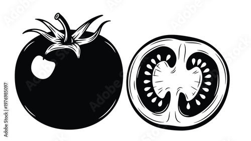 Detailed black and white ink drawing of a whole fresh garden tomato and a cross section half tomato with many seeds.