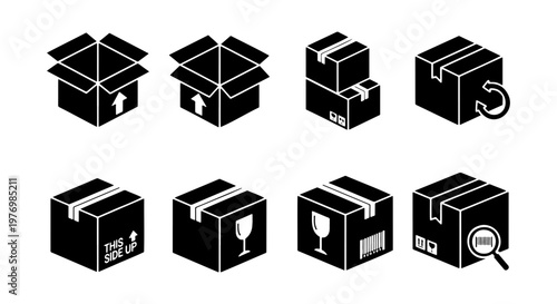 Cardboard box icon set, 8 shipping parcel vectors, delivery package icons