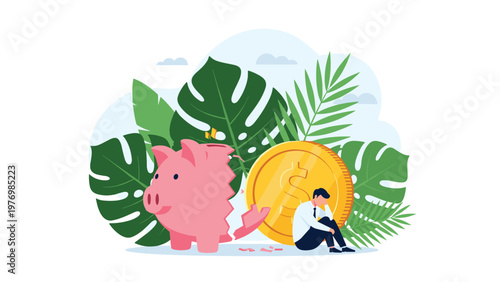 Depressed businessman sits in despair next to a broken piggy bank and a large golden dollar coin symbolizing financial failure.