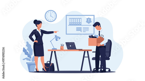 Strict female boss in formal attire points toward the exit while dismissing a sad employee carrying a box of personal belongings.