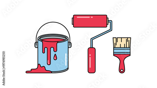 Blue metal bucket filled with dripping red paint sits beside a matching paint roller and a wooden brush for home renovation projects.
