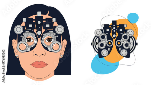 Young woman undergoes a professional eye examination using a complex phoropter tool at an optometry clinic for vision correction.