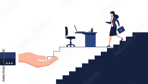 Determined businesswoman runs up a flight of stairs toward a workstation while a large corporate hand provides a supportive bridge.