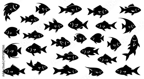 Black fish silhouettes, 25 aquatic animal icons, sea life vector set