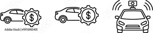 Car Rental and Taxi Service Line Icon Set with Money Payment and Ride Sharing Symbols for Transportation Business Design
