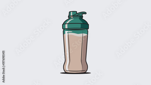 A cartoon-style illustration of a protein shaker bottle filled with a brown liquid on a plain background