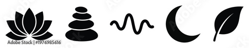 Collection of spiritual nature symbols including lotus, stacked stones, wavy line, crescent moon, and leaf, perfect for conveying wellness, tranquility, and harmony in designs.