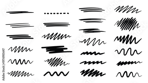 Hand drawn marker lines and scribbles including wavy underlines and zigzag elements offering a versatile graphic resource for highlighting information and adding a unique doodle effect to
