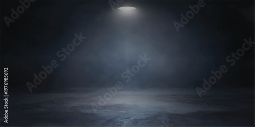 A single focused light beam illuminates a smoky atmospheric environment with a textured concrete floor creating a dramatic scene