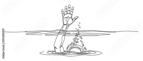 Continuous line drawing of a persons hand reaching out of water with ripples and bubbles, symbolizing help, drowning, or emergency for crisis concepts